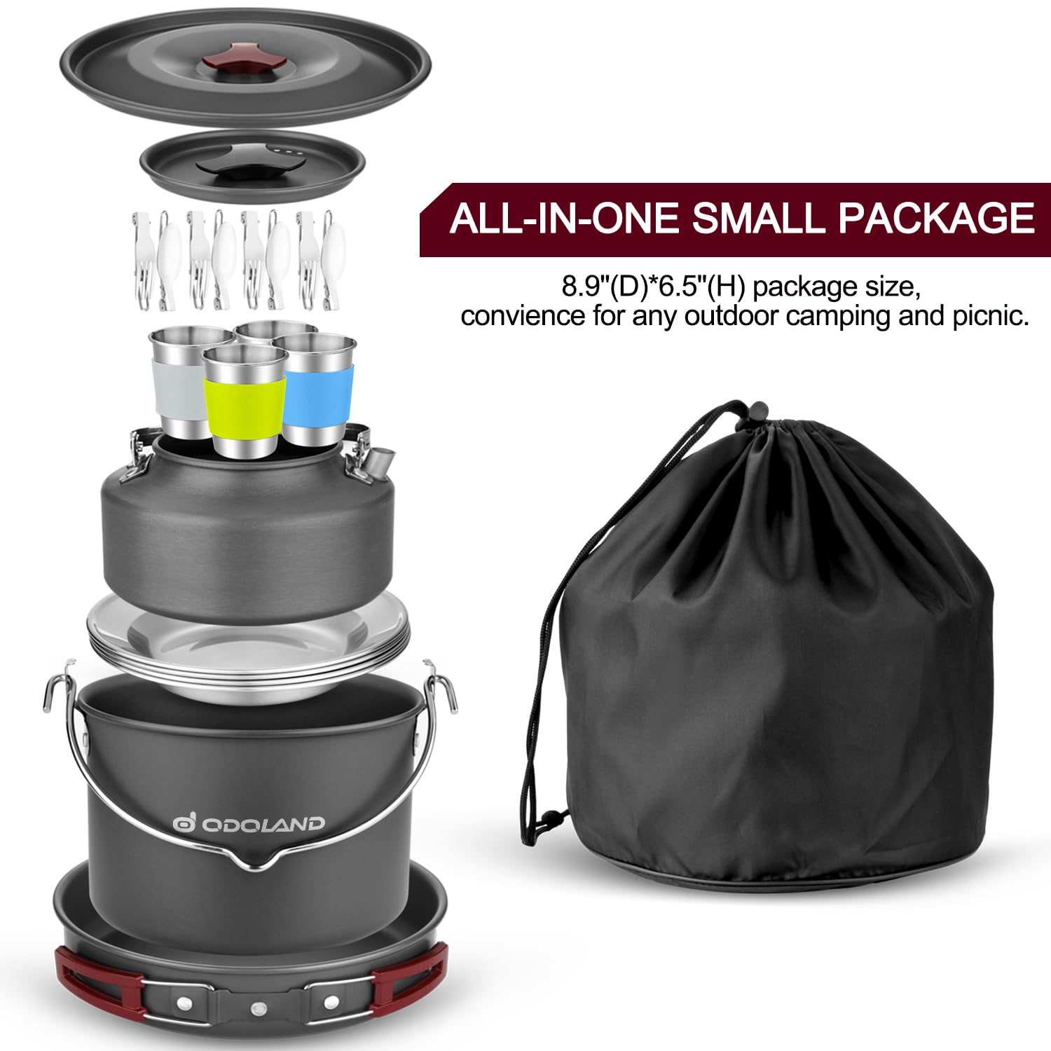 Odoland 22Pcs Camping Cookware Mess Kit, Large Size Hanging Pot Pan Kettle With Base Cook Set For 4, Cups Dishes Forks Spoons Ki