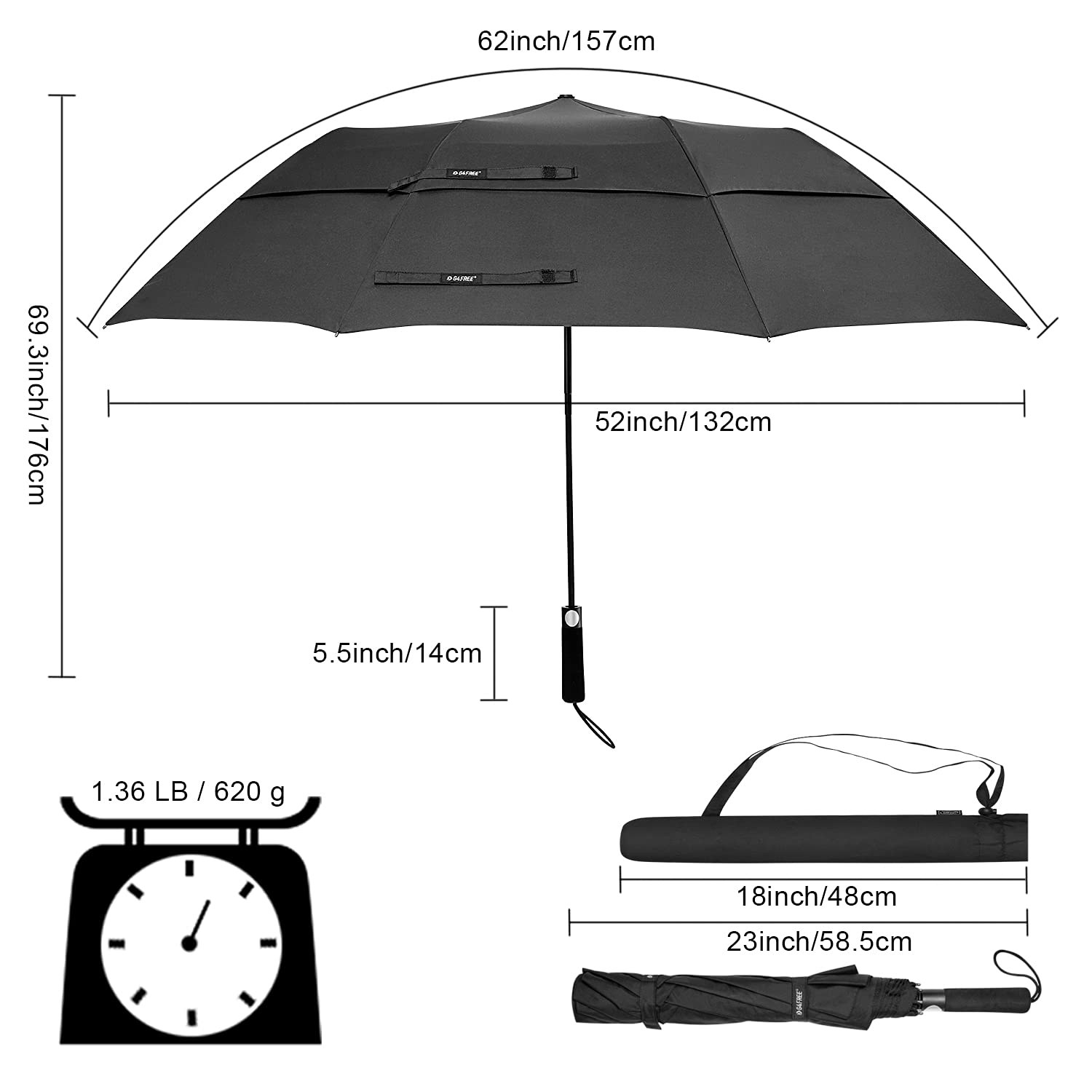 G4Free 62 Inch Portable Navy Golf Umbrella Automatic Open Large Oversize Vented Double Canopy Windproof Waterproof Sport Umbrell