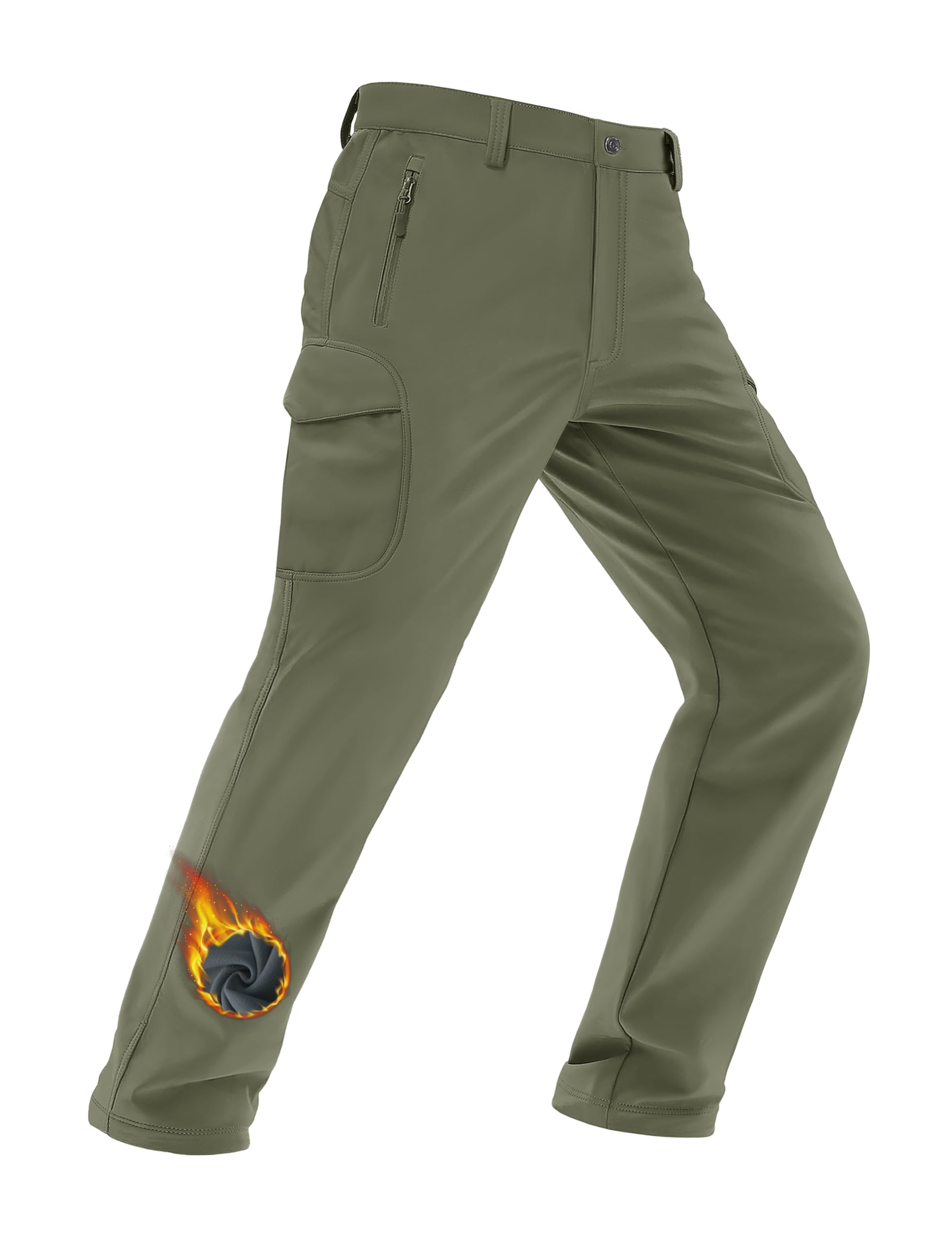 MAGCOMSEN Snow Pants for Men Waterproof Fleece Lined Warm Ski Pants for Winter Cold Fishing Outdoor Hiking Army Green, 34