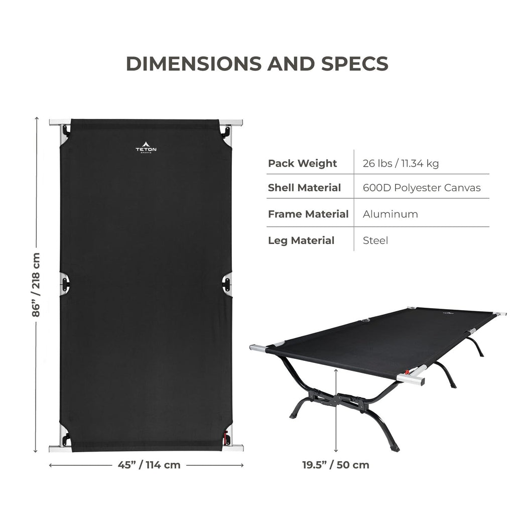 Teton Sports Camping Cot With Patented Pivot Arm - Folding Camping Cot For Car & Tent Camping - Durable Canvas Sleeping Cot - Po
