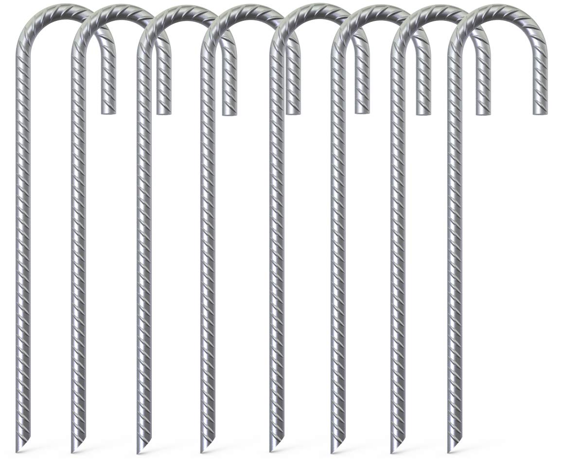 Ok5Star 8 Pack 16'' Galvanized Rebar Stakes Heavy Duty J Hook Ground Anchors, Curved Steel Tent Stakes Anti Rust Steel Ground St