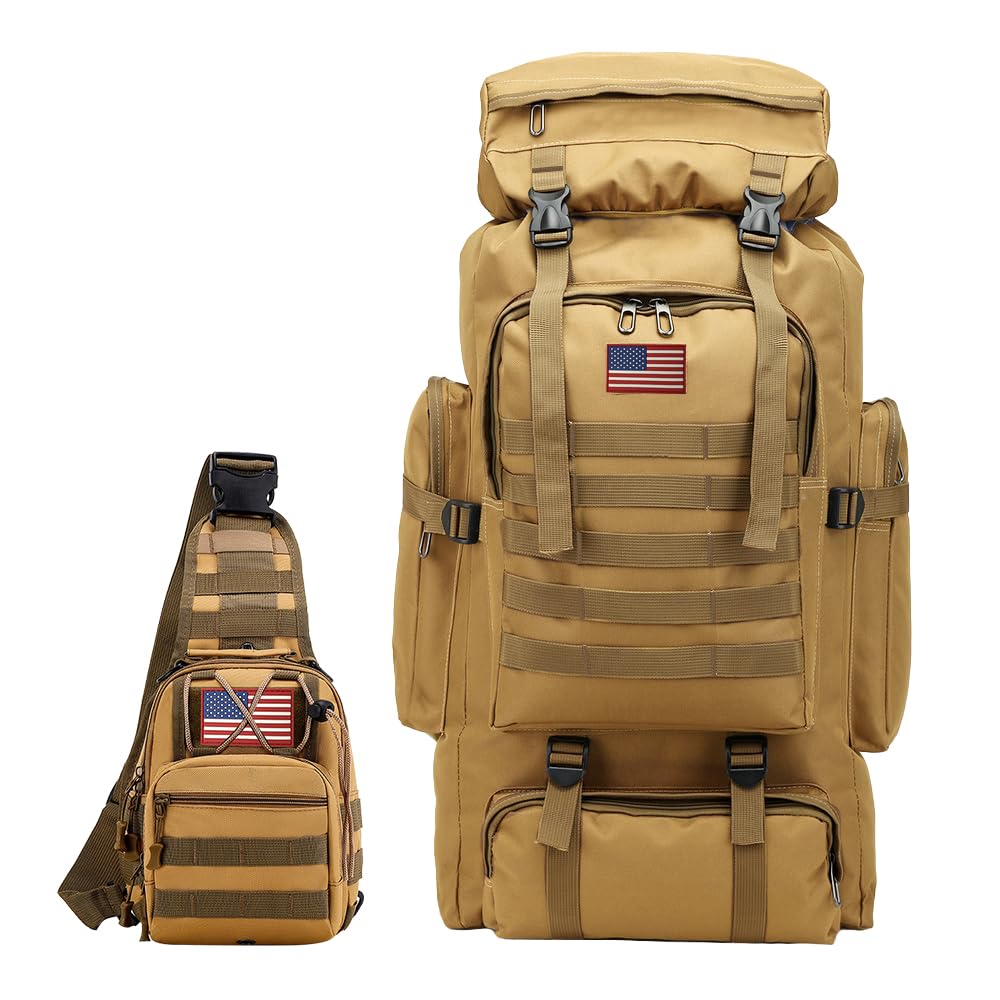 JUMAHE 80L 2Pcs Hiking Backpack for Men with Sling Tactical Backpack - Rucksack Molle Military Tactical Waterproof Lightweight C