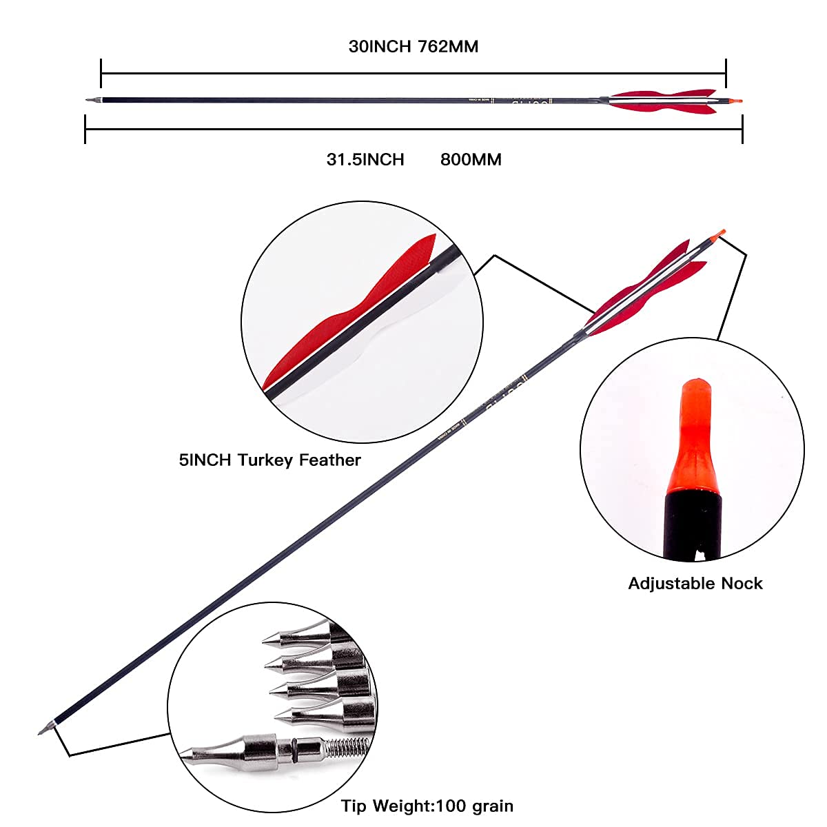 30Inch Carbon Arrow Archery Hunting/Targeting Practice Arrows With 5 Turkey Feathers For Compound Recurve Longbow 12Pack