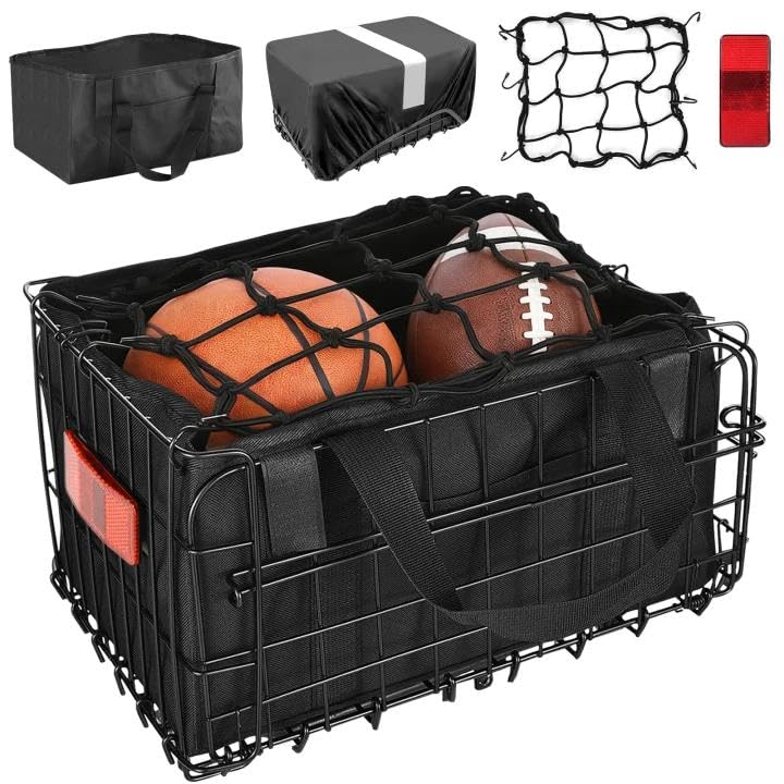 Folding Rear Bike Basket for Rear Rack, Collapsible Metal Bicycle Cargo Basket with Waterproof Cover & Liner Bag, Heavy Duty Bik