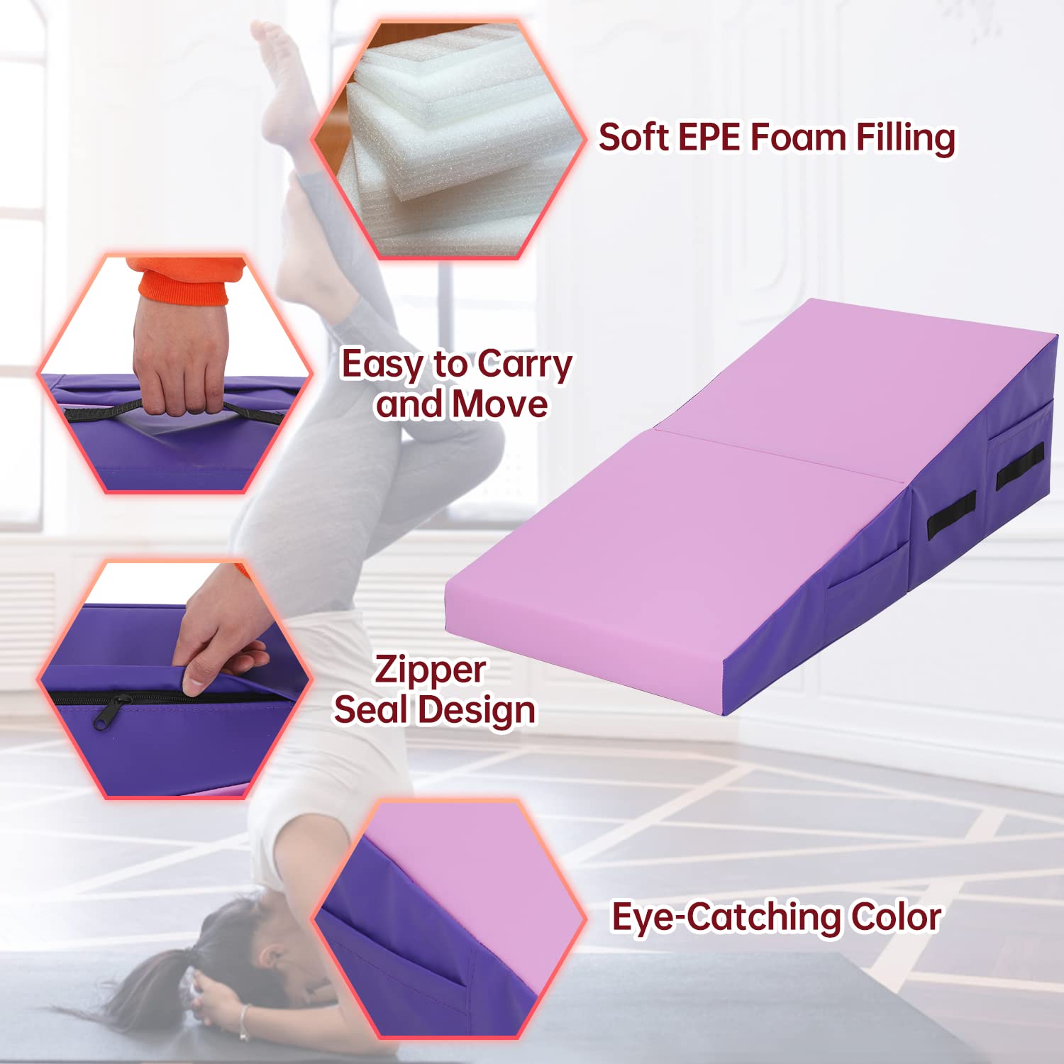 Gymnastics Mat 48   X24   X14    Incline Tumbling Mats For Home Gym, Folding Exercise Mat With Non-Slip Pvc Surface & Handles, C