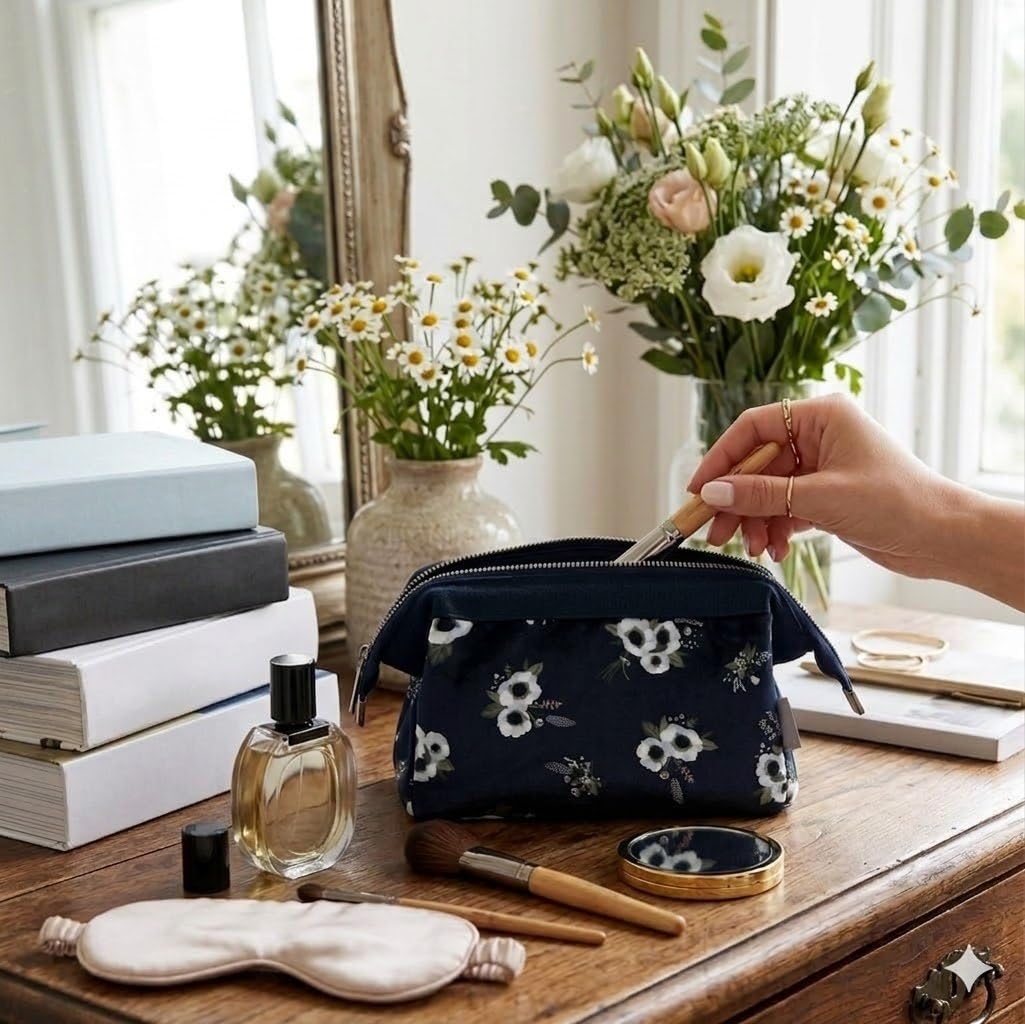 Cosmetic Toiletry Makeup Pouch With Portable Travel Multipurpose WaterResistant Zipper Makeup Brush Bags  Black Flower Aspbf5