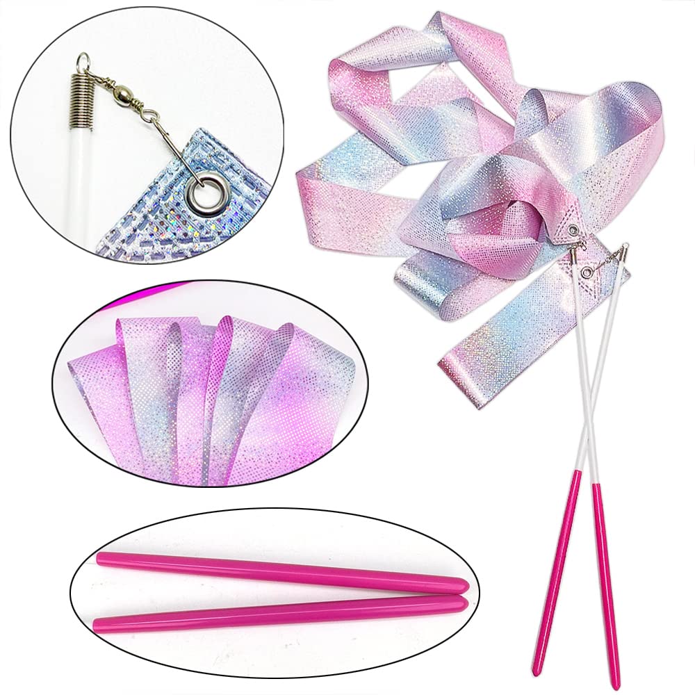 Hzmm 2 Pcs Dance Ribbons, 78.7 Inch Sparkling Dance Ribbon Streamer, Rhythmic Gymnastics Ribbon With Wand, Twirling Dancing Ribb