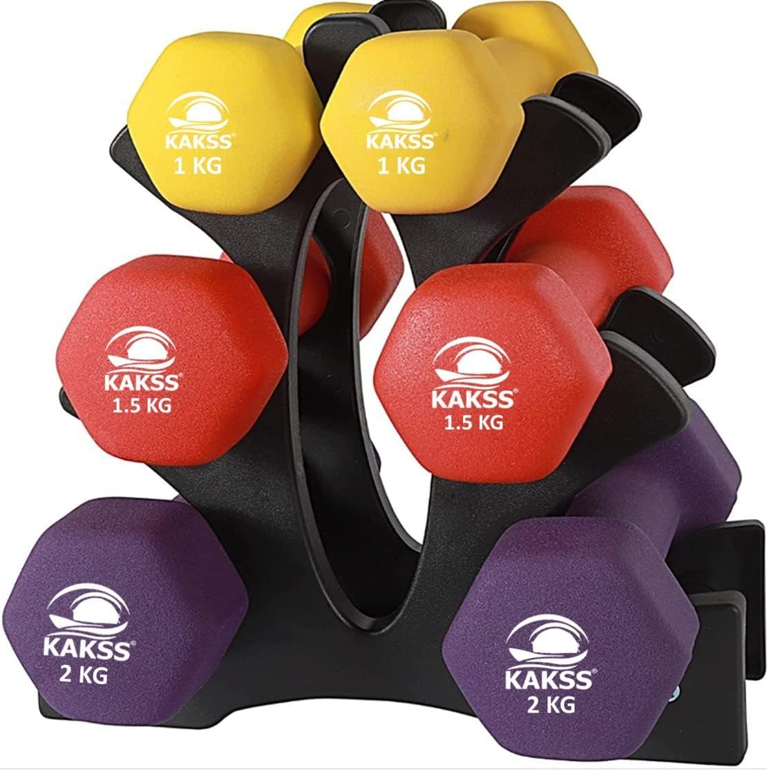 Kakss Neoprene Dumbbell With Stand (Multicolor) (9Kg(1Kg+1.5Kg+2Kg N Pair)