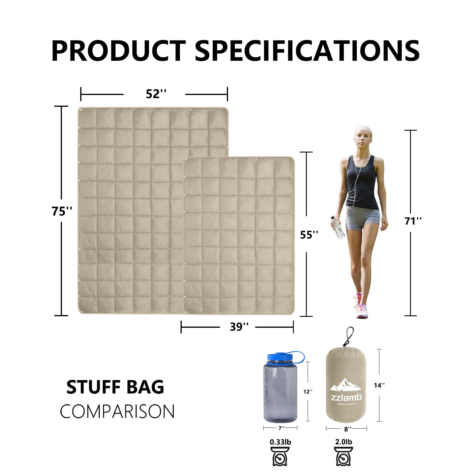 Zzlamb Camping Blanket For Adults, Compact Lightweight Soft Puffy Blanket Water-Repellent, Packable Warm Quilt Down Alternative