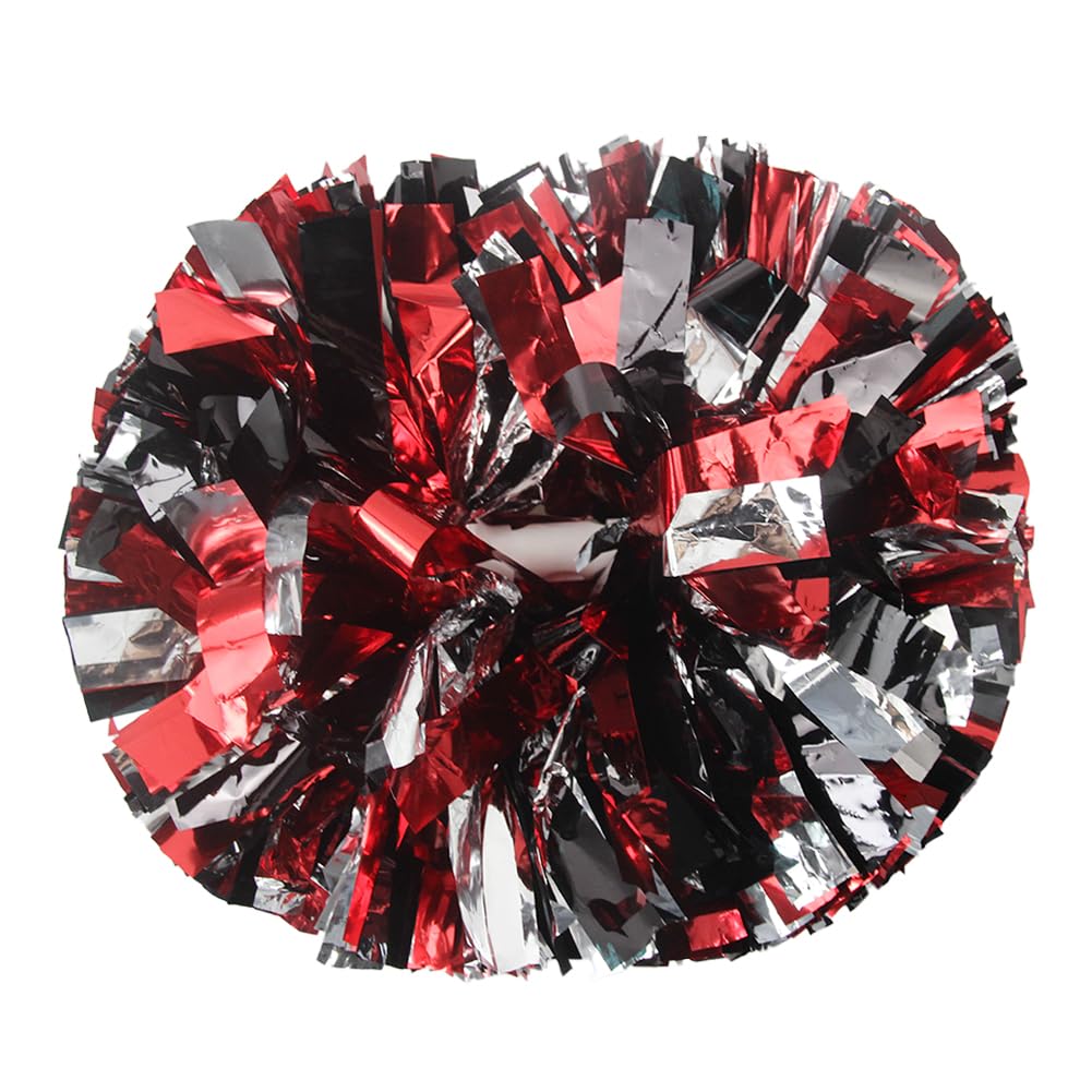 Lovecheer 2Pcs Pom Poms Cheerleading Black And Red And Silver Metallic Cheerleader Pom Poms With Handle For Dance Party Sports S