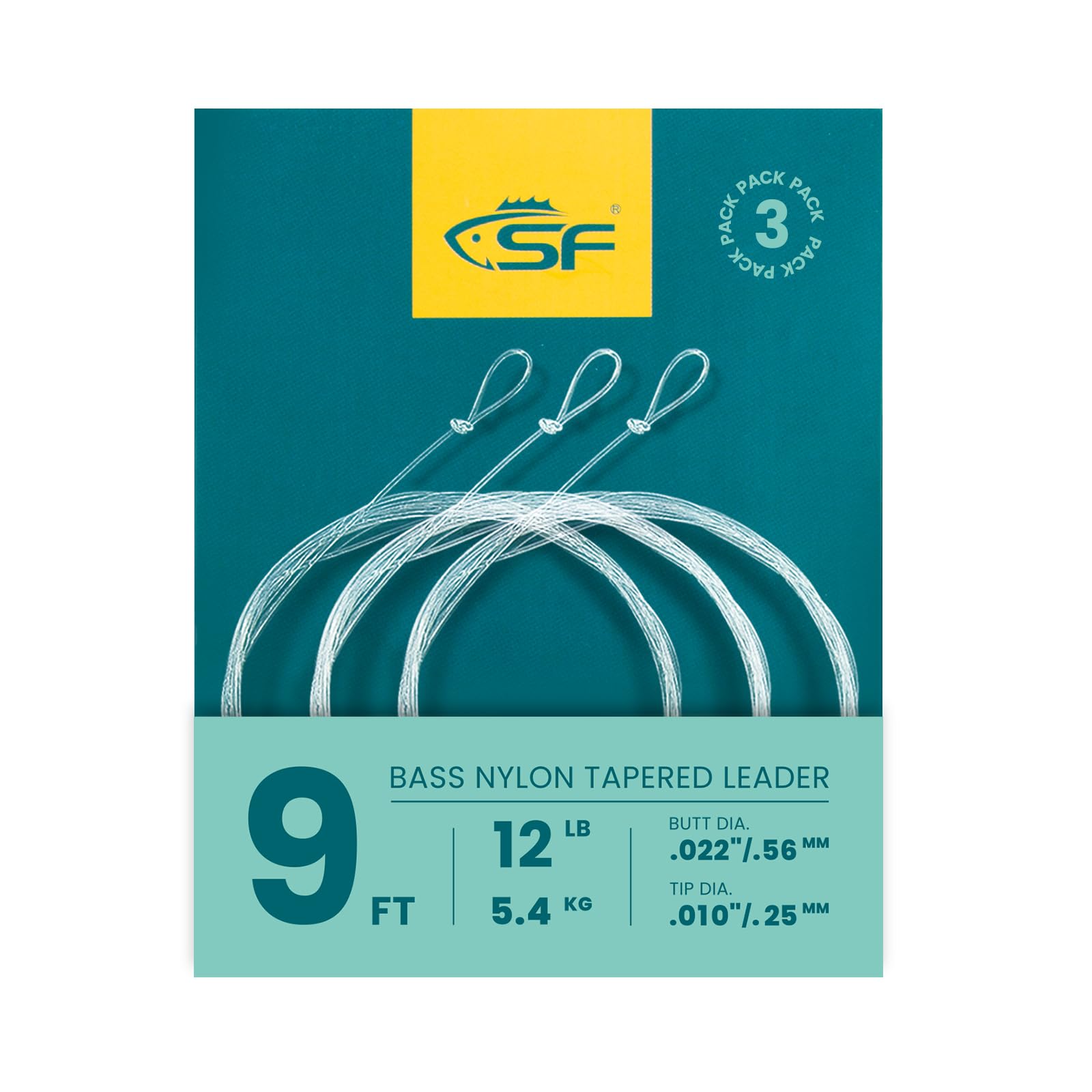 Sf Pre-Tied Loop Heavy Butt Fly Fishing Bass Tapered Leader High Knot Strength Clear Nylon For Bass/Large Flies 3 Packs 9Ft 12Lb