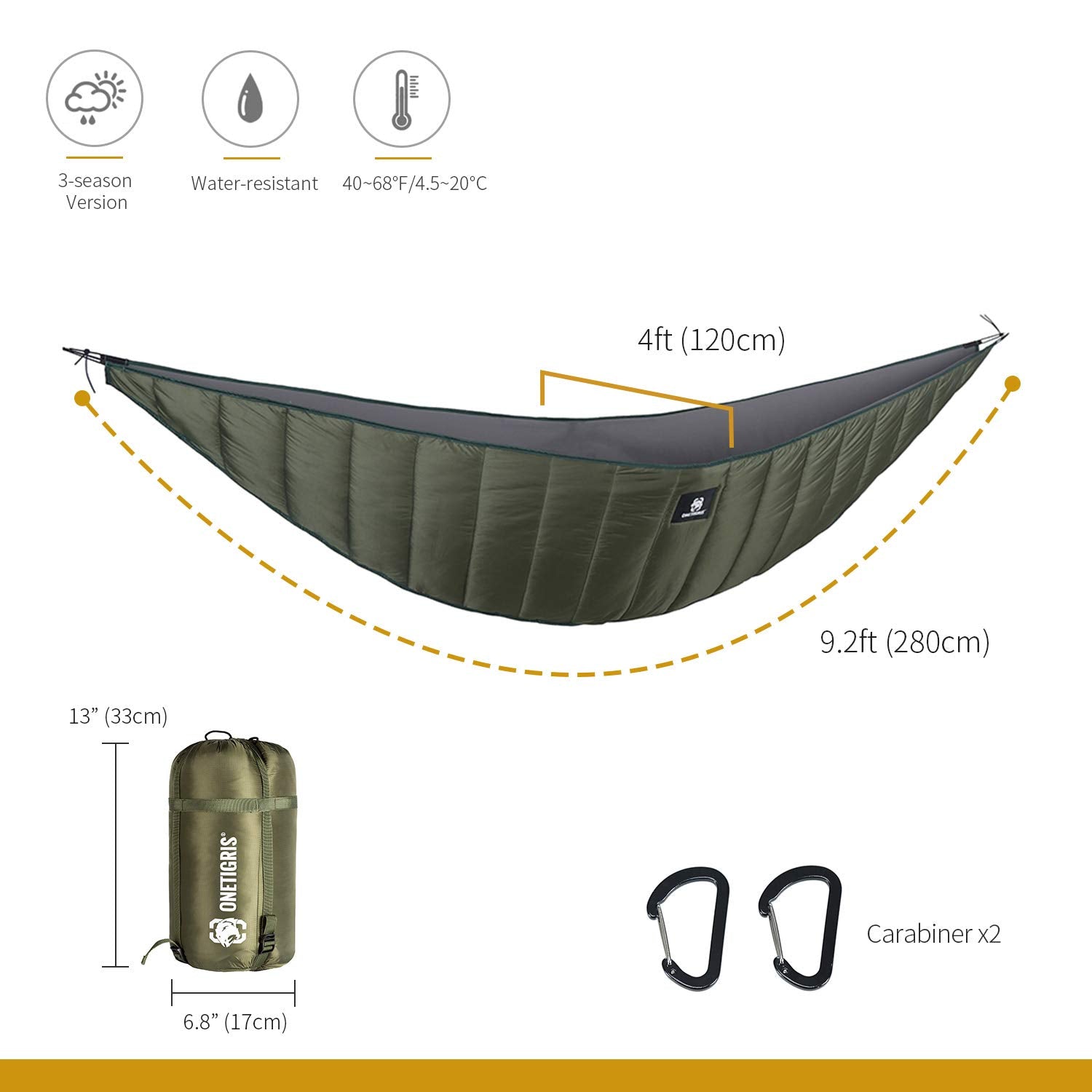 Onetigris Night Protector Ultralight Hammock Underquilt, Full Length Camping Quilt For Hammocks Warm 3-4 Seasons, Weighs Only 28