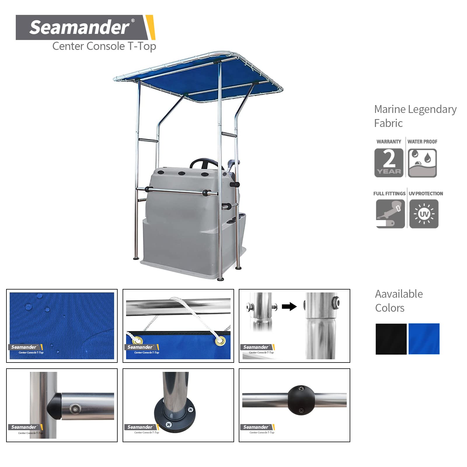 Seamander Boat T-Top For Center Console,Bimini Tops With 1'' Aluminum Tube (Pacific Blue)