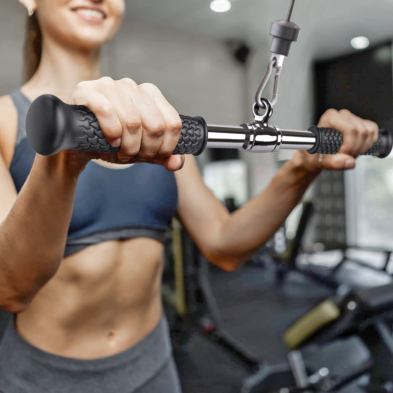 Seleware 18'' Rotating Straight Bar Cable Machines Attachments For Gym, Pull Down Bar Press Down Bar With Non-Slip Flat Soft Rub