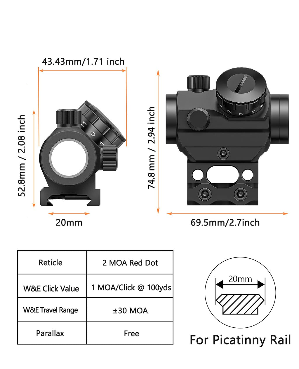 MidTen 2MOA Red Dot Sight, 1x25mm Reflex Sight Waterproof & Shockproof & Fog-Proof Red Dot Scope with 1 inch Riser Mount, Black
