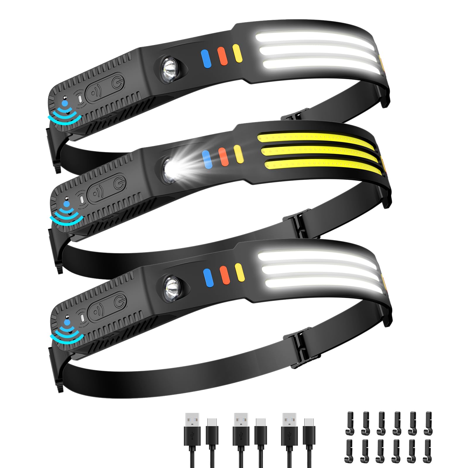 Lsnisni Headlamp Rechargeable 3 Pack, 230 Wide Beam Head Lamp LED, Head Flashlight with Motion Sensor, 5 Mode Head Lights for Fo