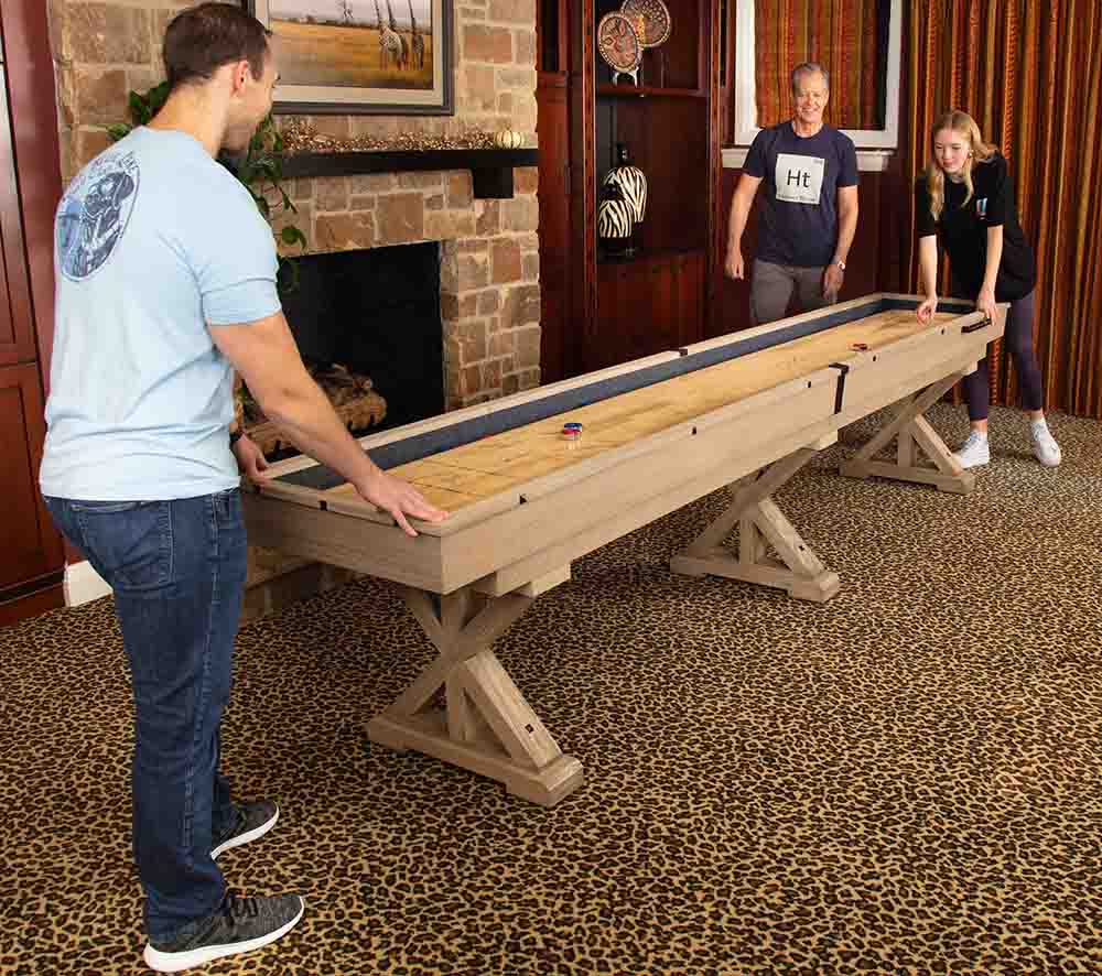 Freetime Fun 12 Ft Shuffleboard Table Multi Game Solid Wood Game Tables For Game Room - Shuffleboard Bowling Pin Set, Pucks, Wax