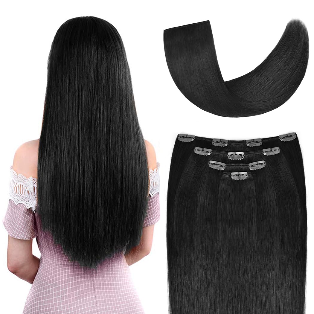 18 Clip In Hair Extensions Remy Human Hair For Women - Silky Straight Human Hair Clip In Extensions 60Grams 4Pieces Jet Black 1