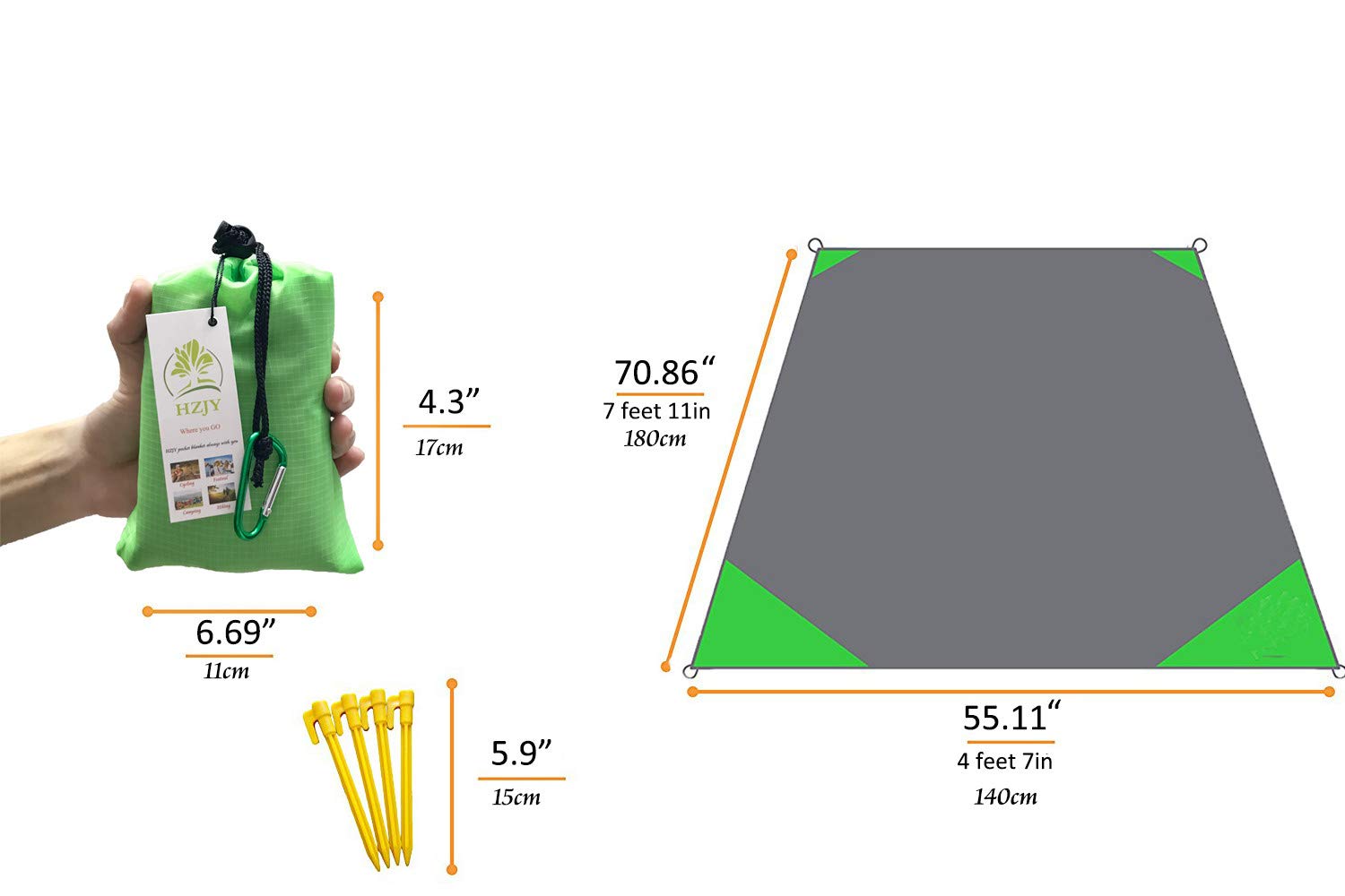 Hzjoyue Outdoor Blanket (71'' X 55'') -Compact, Lightweight, Sand Proof Pocket Blanket Best Mat For The Beach, Hiking, Travel, C