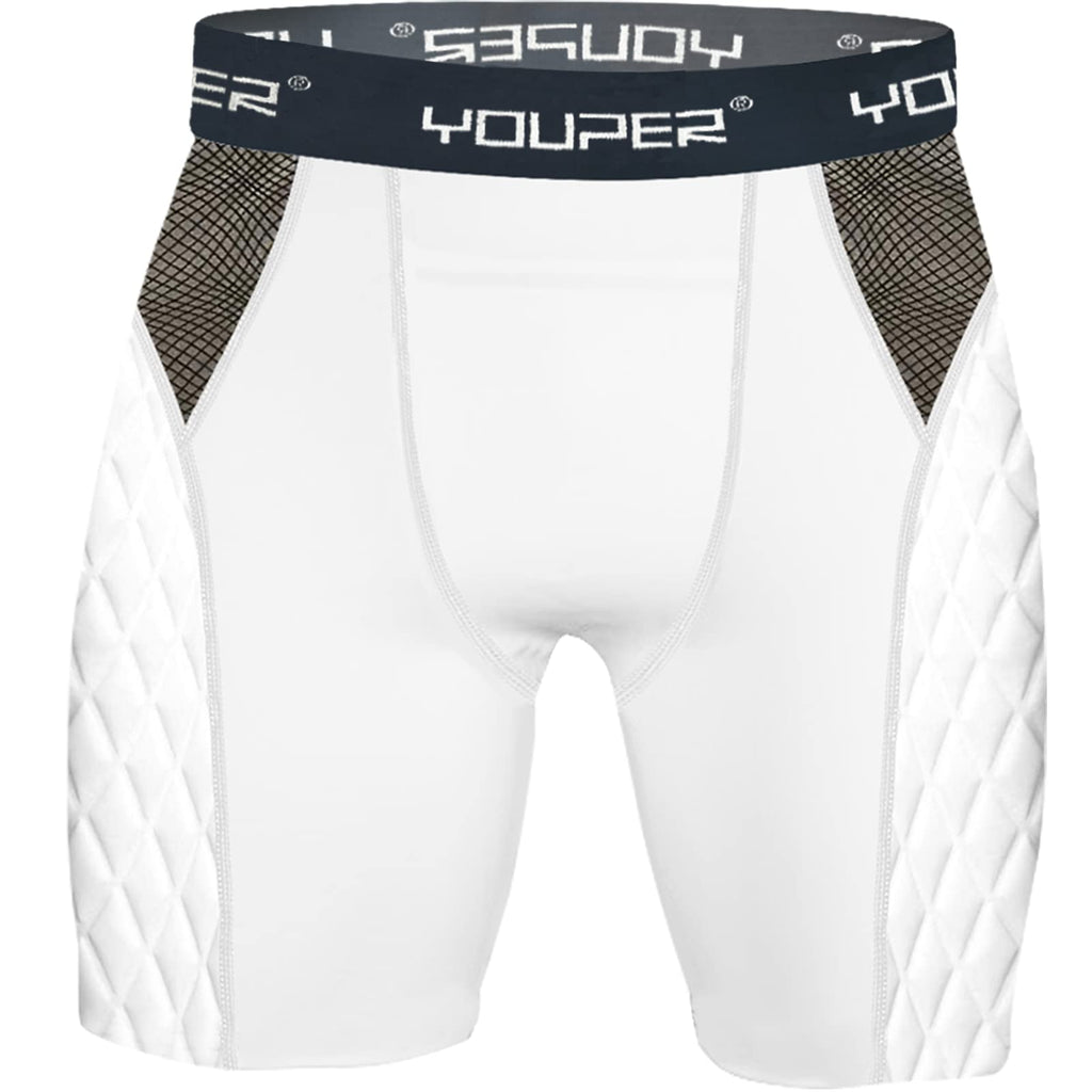 Youper Youth Elite Compression Padded Sliding Shorts W/Cup Pocket For Baseball, Football (White, X-Large)