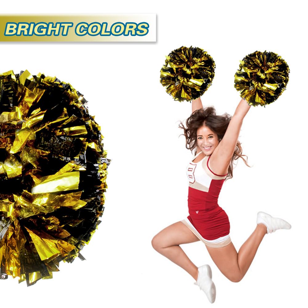 Lovecheer 2Pcs Pom Poms Cheerleading Gold And Black Metallic Cheer Pom Poms With Baton Handle For Sports Team Spirit Party Cheer