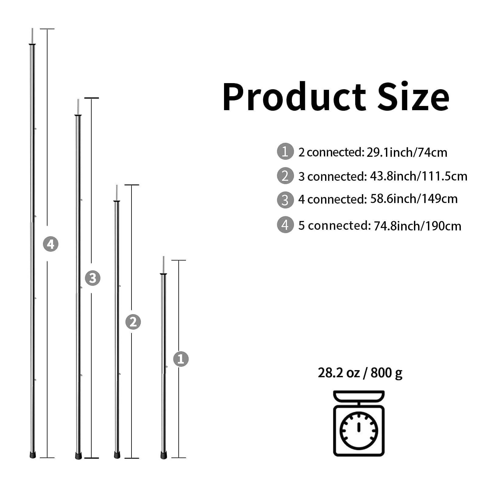Komclub Telescoping Tent Poles Adjustable Tarp Poles Camping Stainless Steel Lightweight Tent Poles For Trap Sun Sails Canopy Aw