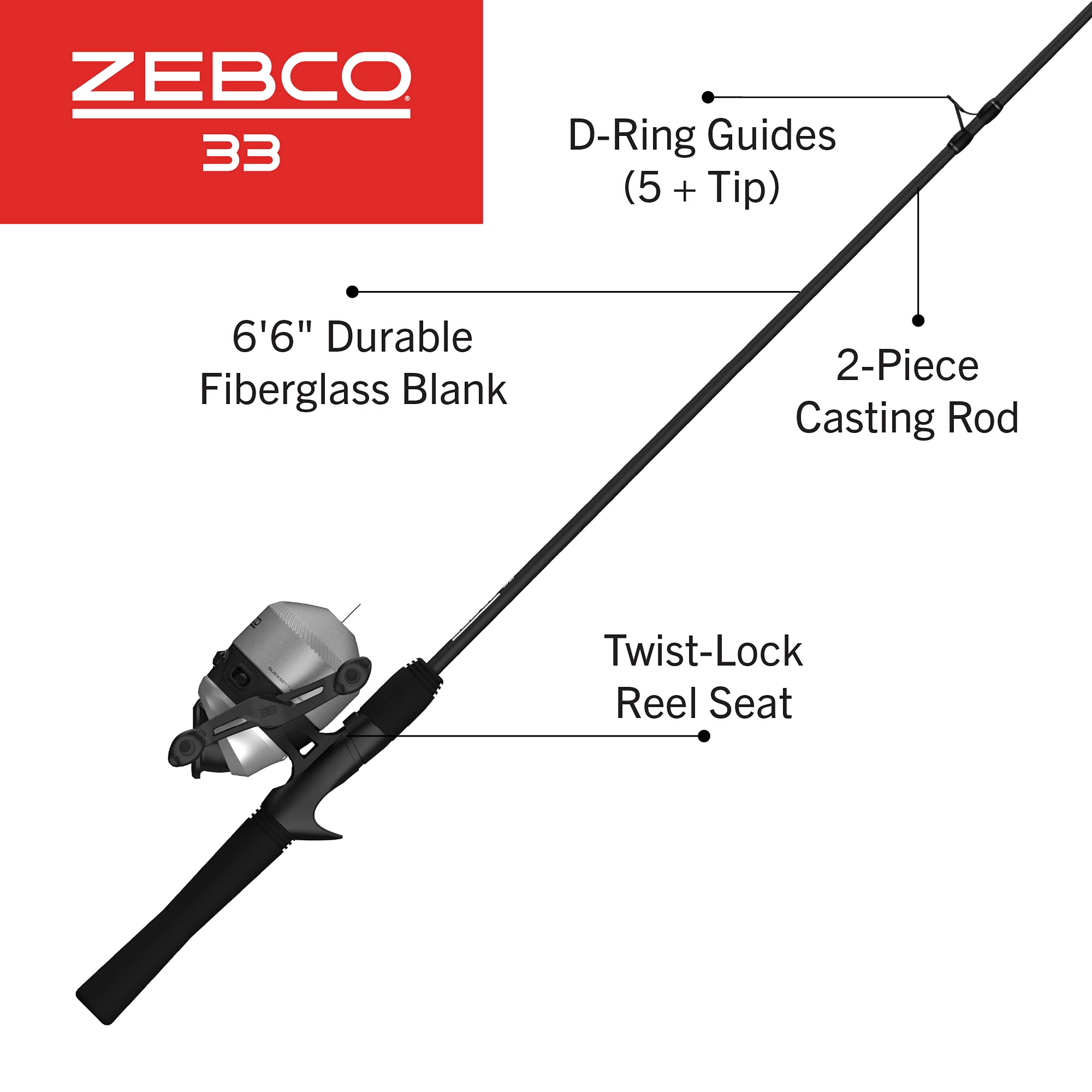 Zebco 33 Max Spincast Reel And Fishing Rod Combo, 6-Foot 6-Inch 2-Piece Rod With Comfortable Eva Handle, Quickset Anti-Reverse R