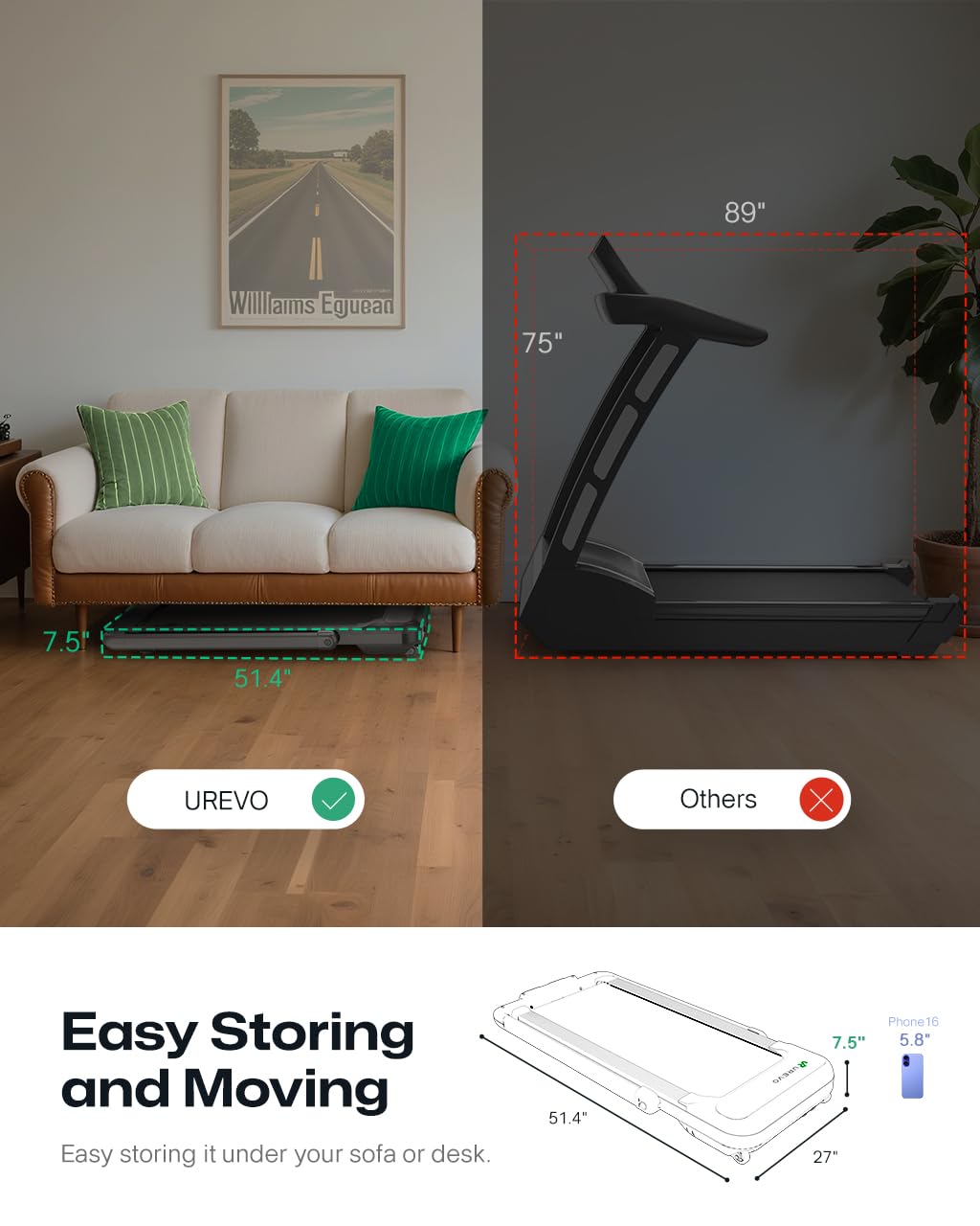 UREVO Smart Treadmill with 9% Incline, 3-in-1 Foldable Treadmill with Handle for Home/Office Fitness, Runner-Focused Design, 6 H