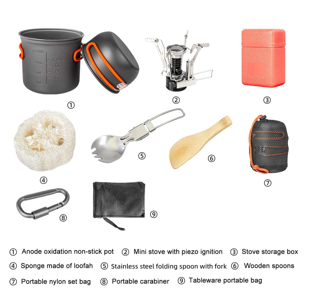 Camping Cookware Set Portable Camp Stove With Lightweight Pots And Pans Set Non-Stick Backpacking Cooking Set Camping Mess Kit W