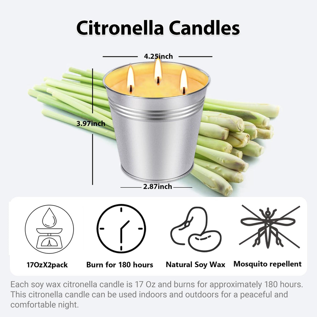 Citronella Candles Outdoor, 2Pack 17 Oz Large 3-Wick Soy Wax Candles, Up To 180-200 Hours Of Burning Time, Lemongrass Scent For