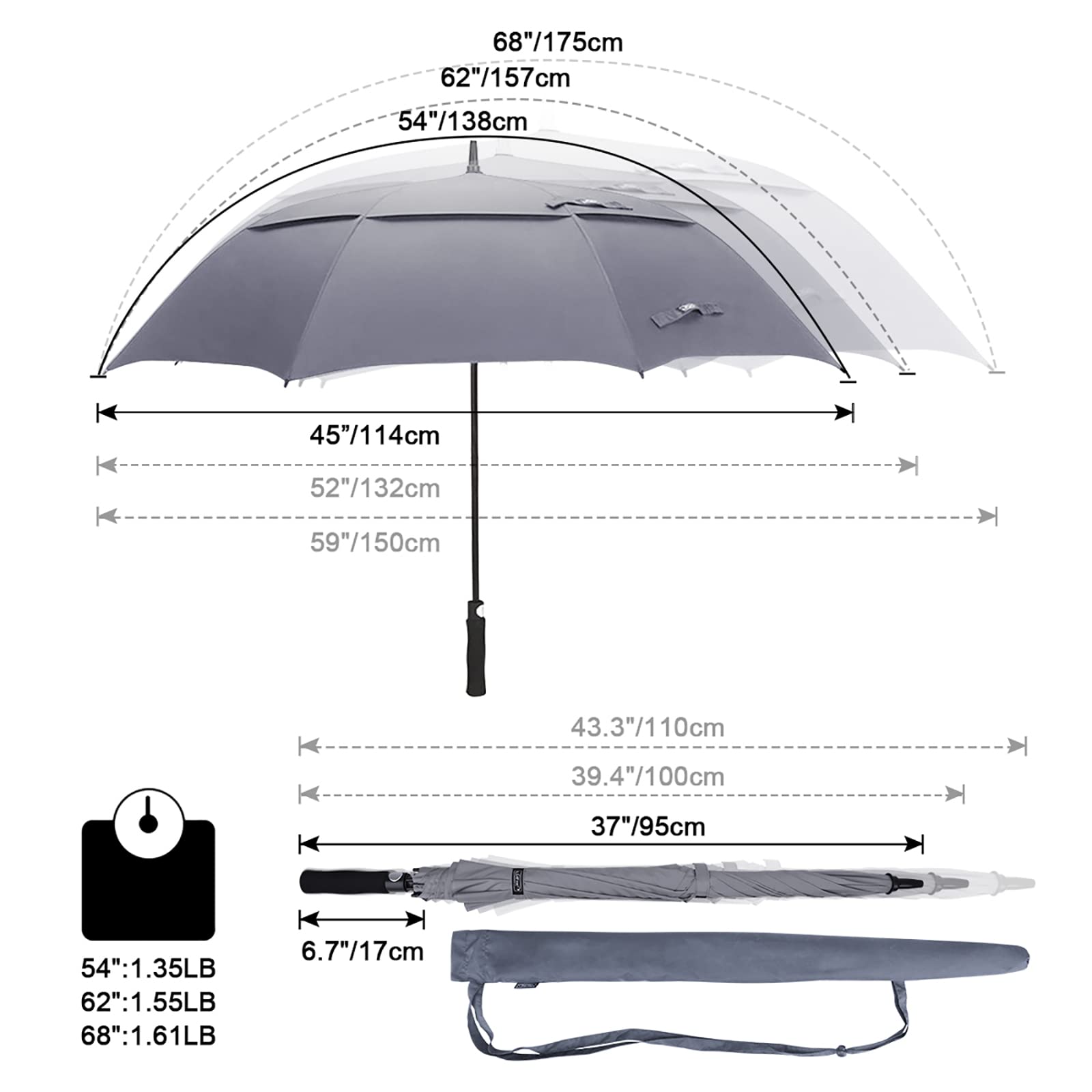 G4Free 62 Inch Automatic Open Golf Umbrella Extra Large Oversize Double Canopy Vented Windproof Waterproof Stick Umbrellas(Grey)