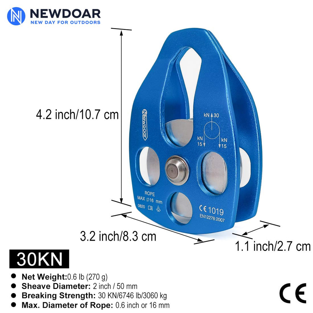 Newdoar 30Kn Ce Certified Large Rescue Pulley Single Sheave With Swing Plate For Outdoor Mountaineering Rock Climbing Rescue(Blu