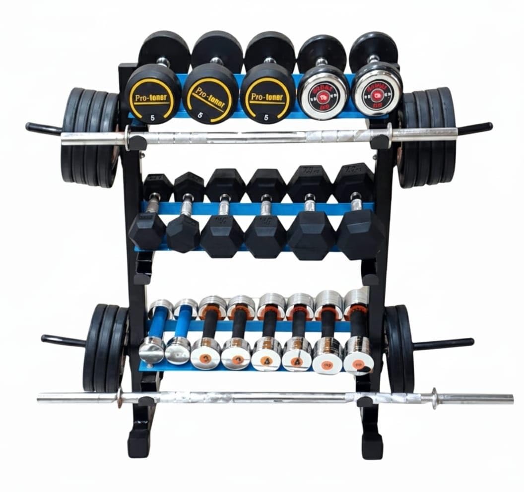 Protoner 3 In 1 Dumbbell Rack, Plate Stand And Bar Holder, MultiTier Weight Storage Organizer (Black & Blue)
