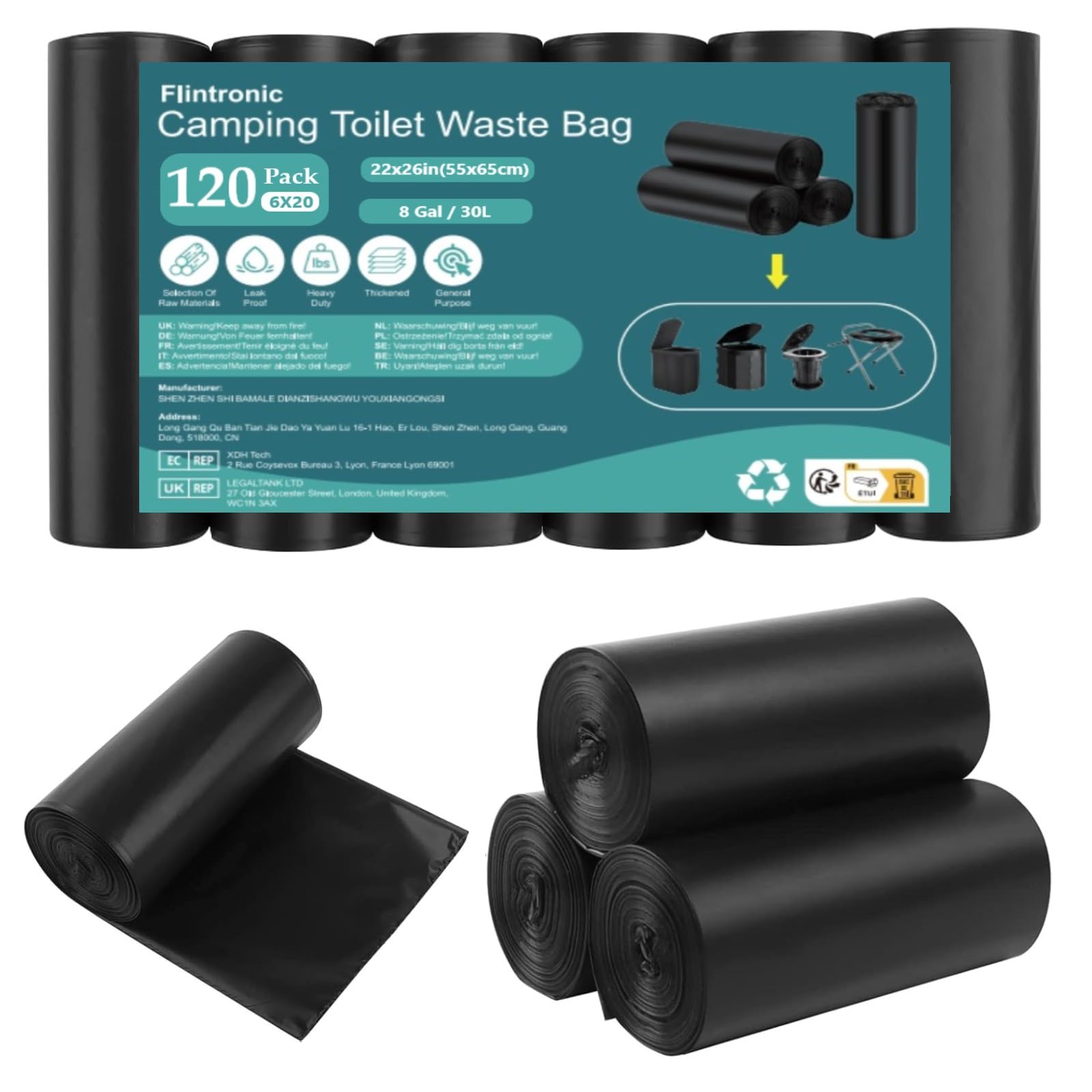 Flintronic Camping Toilet Bags, 120 Pcs (6 Roll) Portable Toilet Bags, Thickened Toilet Waste Bags, Camp Potty Liner Bag For Cam