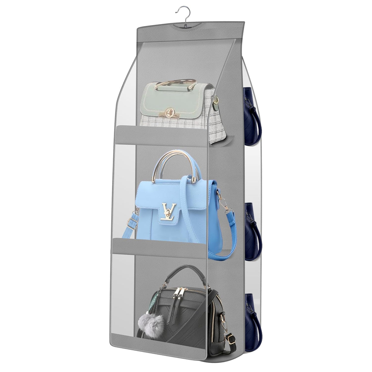 Gomajo Handbag Organizer, 6Pocket Hanging Purse Holder, Clear Pvc Windows For Quick Identification, Stainless Steel Swivel Hook