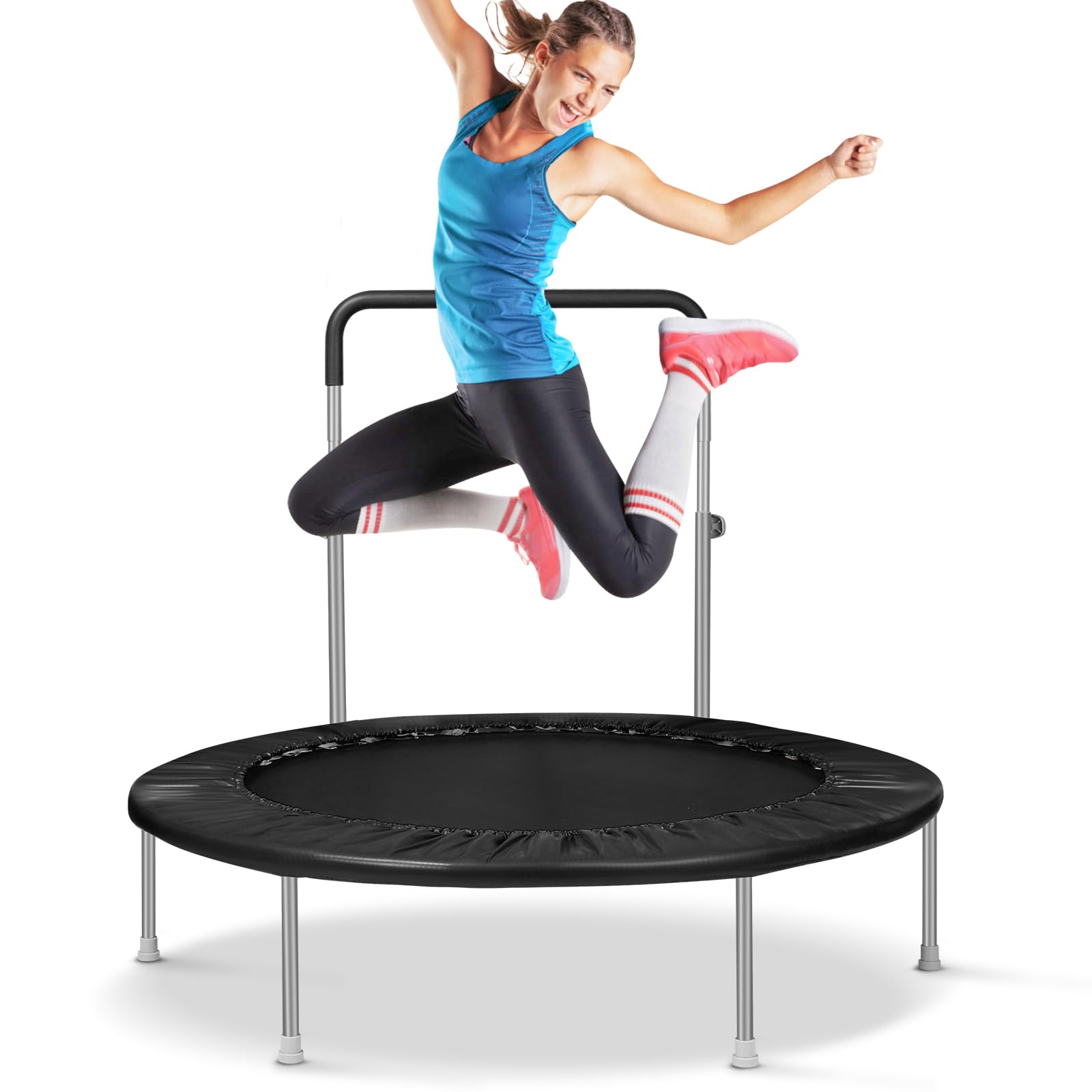 Lyromix 40Inch Mini Fitness Trampoline for Adults and Kids, Small Exercise Trampoline with Adjustable Handle for Indoor Outdoor 