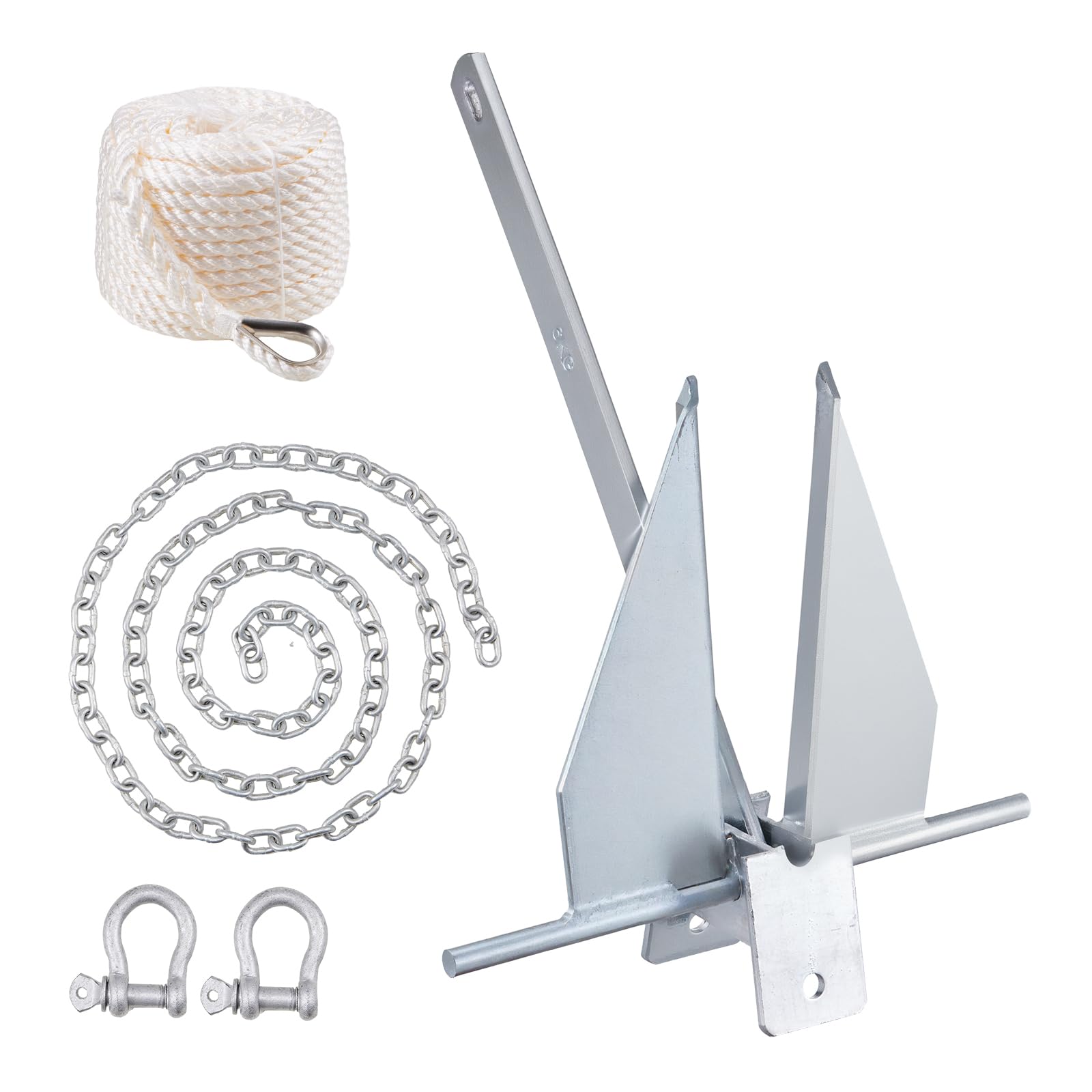 VEVOR Fluke Style Anchor Kit, 13 LBS Hot-Dipped Galvanized Steel Fluke Anchor with 7.9 Chain, 101 Rope and Two 0.4 Shackles, M