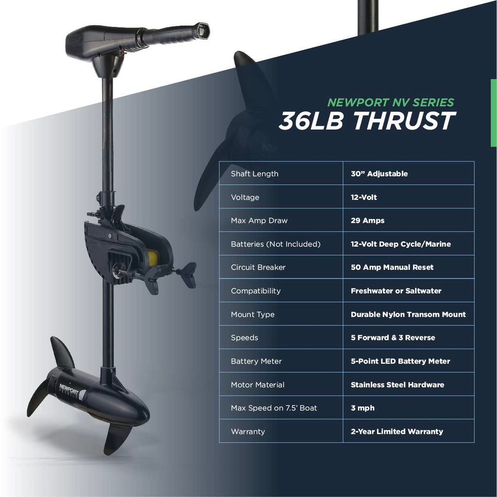 Newport Vessels Nv-Series 36Lb Thrust Saltwater Transom Mounted Trolling Electric Trolling Motor W/Led Battery Indicator & 30''