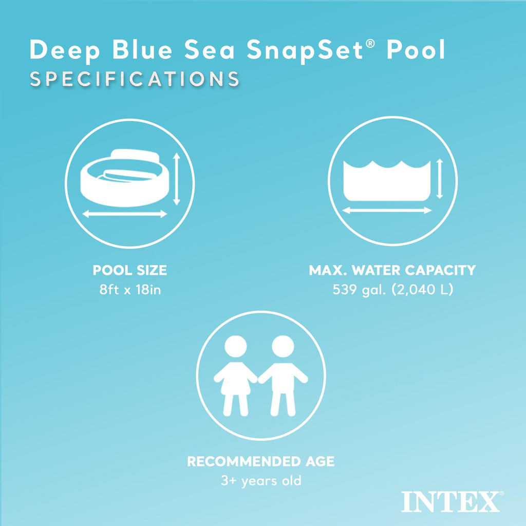 Intex Deep Sea Blue 8 Feet X 18 Inch Snapset Instant Round Plastic Above Ground Swimming Kiddie Pool For Ages 3 Years And Up, Bl