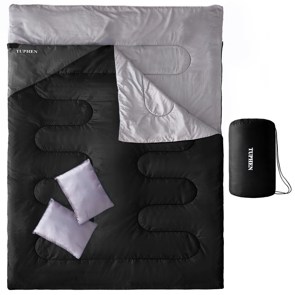 Tuphen Double Sleeping Bag With 2 Pillows, Queen Size Xl Bag For 2 People, Cold Warm Weather- 3 Seasons, Waterproof Adults Sleep