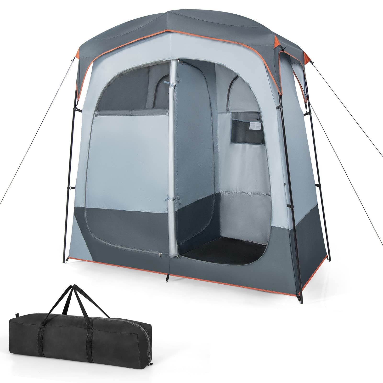 Tangkula Double Room Shower Tent, Oversize Space Privacy Tent with Floor, Removable Rain Fly, Inside Pocket, Clothesline, Top Ho