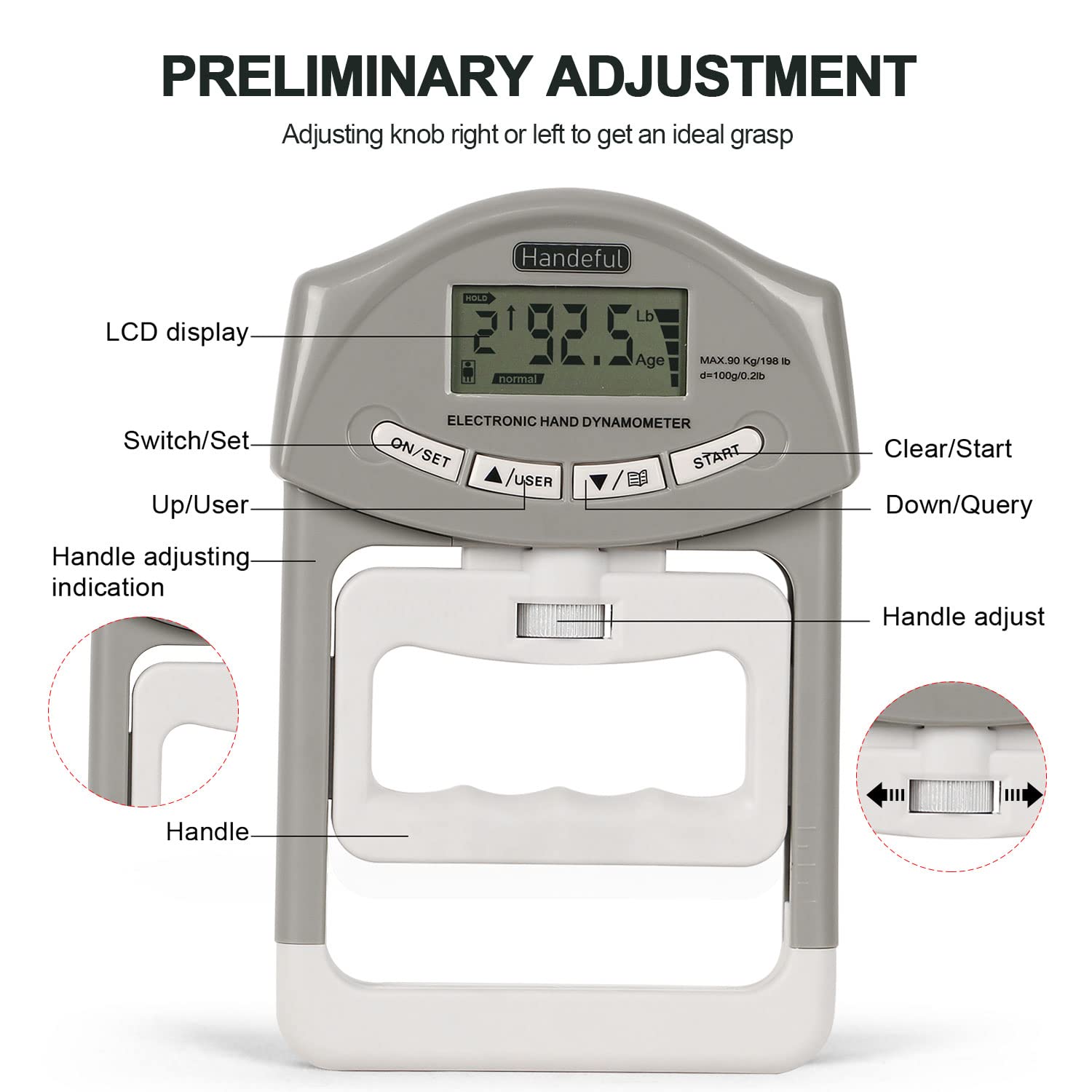 Handeful Grip Strength Tester With Zipper Bag, Digital Hand Dynamometer Grip Strength Measurement Meter Auto Capturing Electroni