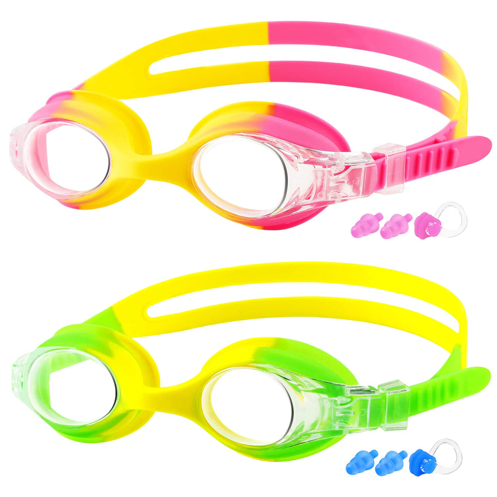 Cooloo Kids Goggles For Swimming For Age 3-15, 2 Pack Kids Swim Goggles With Nose Cover, No Leaking, Anti-Fog, Waterproof, Pink+