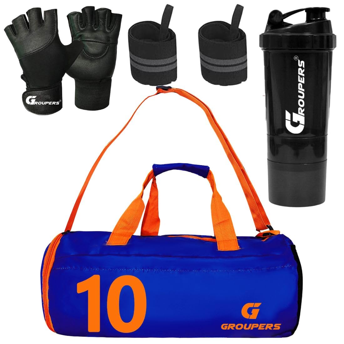 Groupers 2025L Gym & Travel Duffle Bag Combo  Blue Shoe Compartment Bag + Weightlifting Gloves, Wrist Band & 500Ml Shaker, Wat