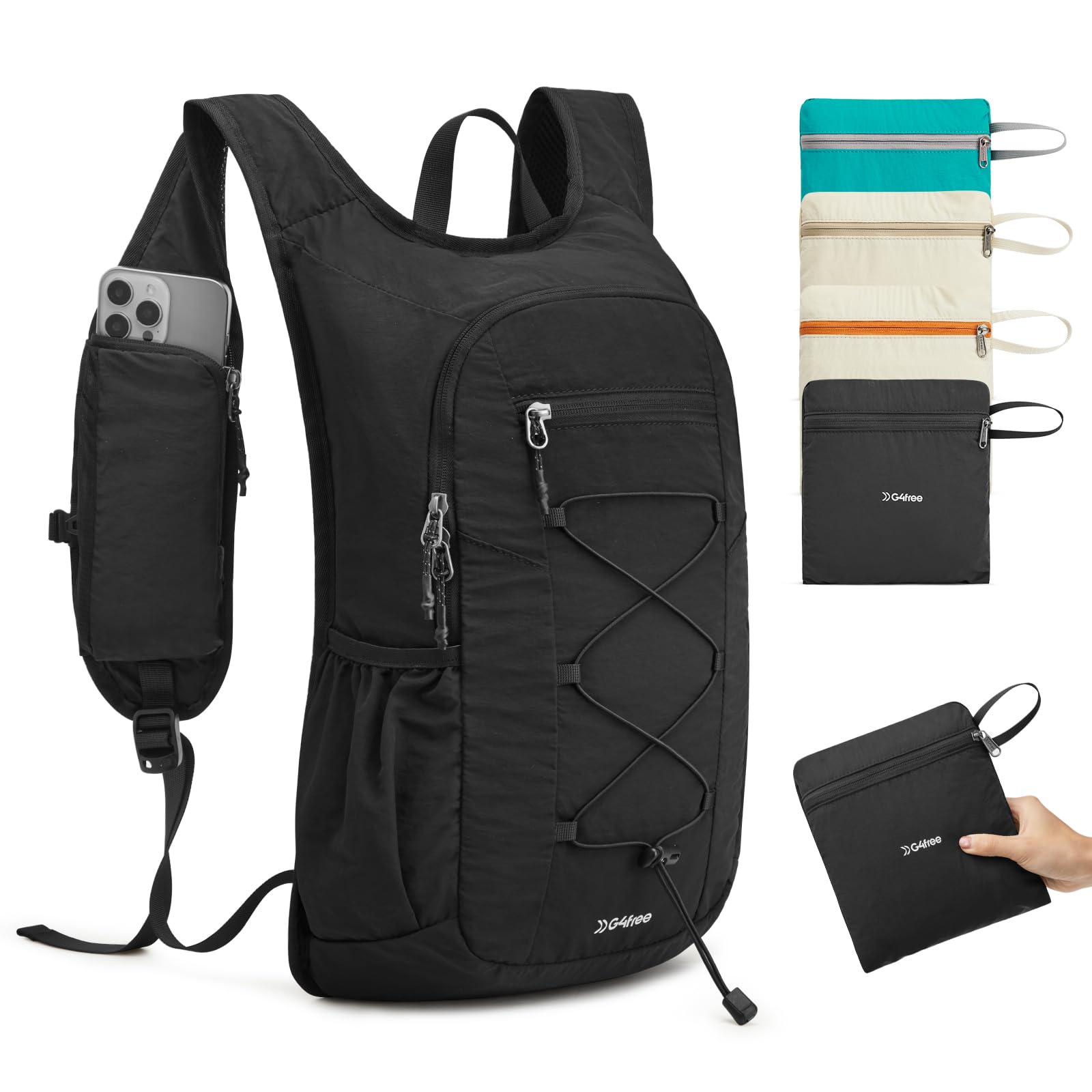 G4Free 20L Hiking Backpack Lightweight Daypack with Phone Pocket Small Packable Foldable Hiking Bag for Women Men, Black