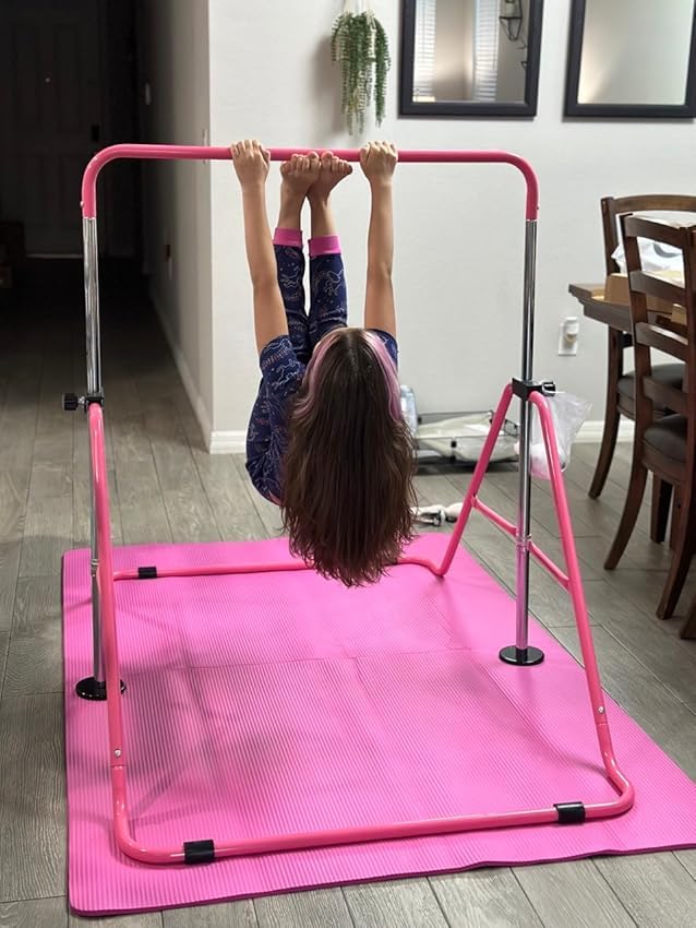 Safly Fun Expandable Gymnastics Bars Junior Training Bar Gymnastic Folding Horizontal Bars With Mat For Kids(Pink+Mat)