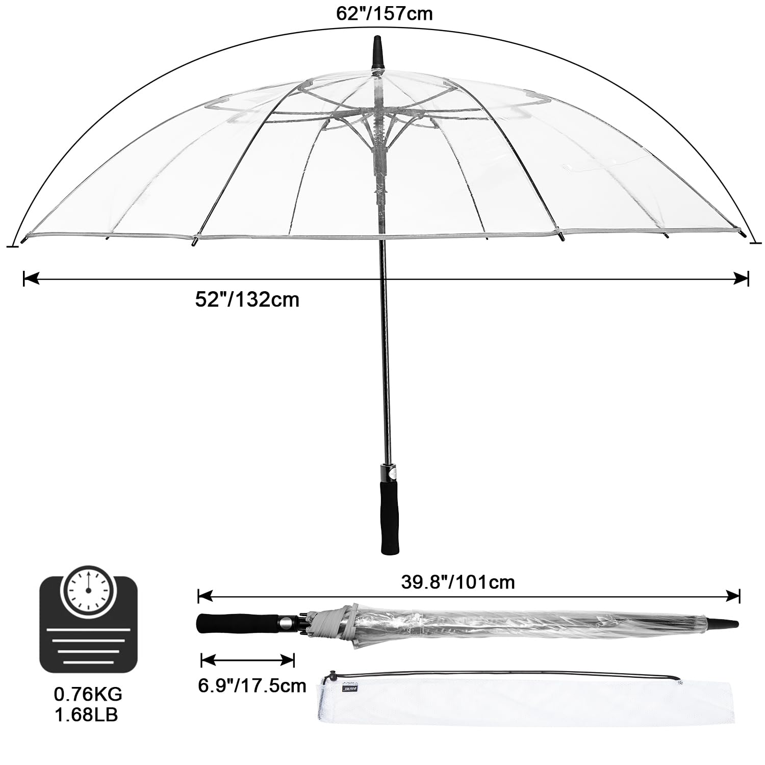 G4Free 62 Inch Clear Golf Umbrella Transparent Auto Open Large Stick Umbrella Oversized Umbrella Windproof Waterproof With Sleev