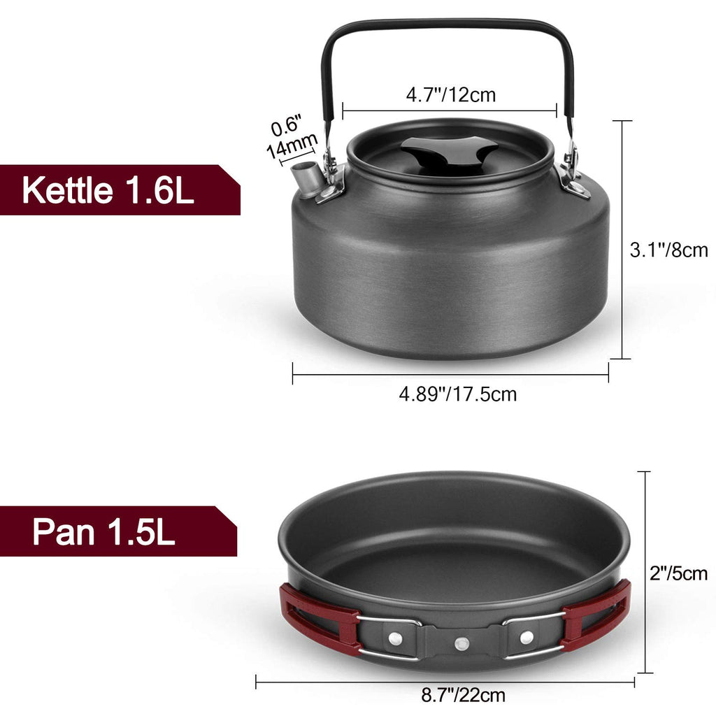 Odoland 22Pcs Camping Cookware Mess Kit, Large Size Hanging Pot Pan Kettle With Base Cook Set For 4, Cups Dishes Forks Spoons Ki