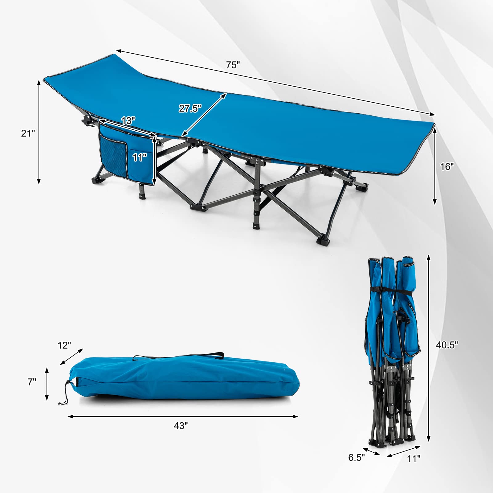 Gymax Camping Cot, 600 Lbs Heavy Duty Sleeping Cot W/Ergonomic Incline Design, 3-In-1 Pocket, Carry Bag, Folding Cot For Adults