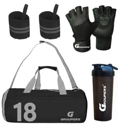 Groupers 2025L Packable Gym & Travel Duffle Bag With Shoe Pocket + 700Ml Protein Shaker + Ventilated Workout Gloves & HeavyDut